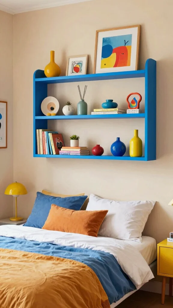 11 Above-Bed Shelf Ideas for a Functional Styled Headboard Wall - 10. Chic Colorful Paint-Matching Shelves 1