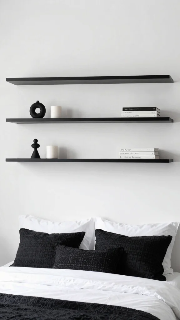 11 Above-Bed Shelf Ideas for a Functional Styled Headboard Wall - 11. Minimalist Black and White Shelving 1