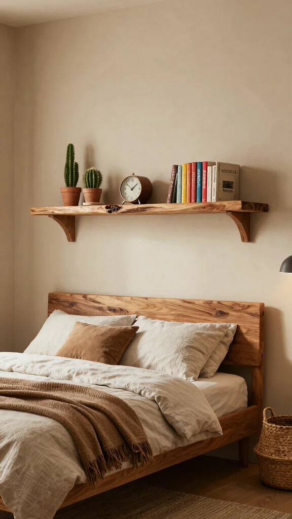 11 Above-Bed Shelf Ideas for a Functional Styled Headboard Wall - 3. Rustic Wood Shelving 1