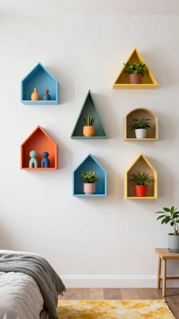 11 Above-Bed Shelf Ideas for a Functional Styled Headboard Wall - 4. Artistic Installation 1