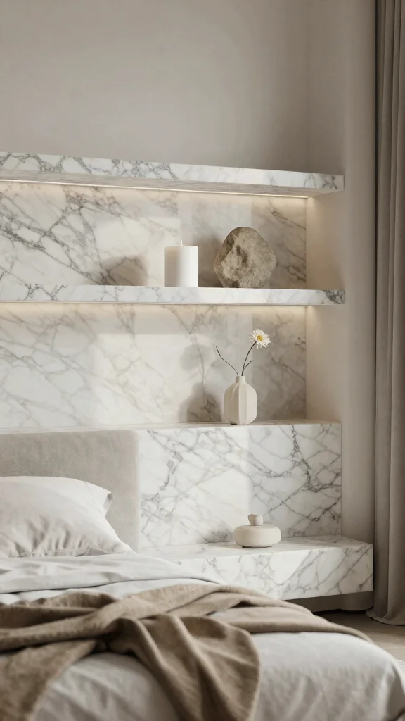 11 Above-Bed Shelf Ideas for a Functional Styled Headboard Wall - 5. Minimalist Marble Shelves 1