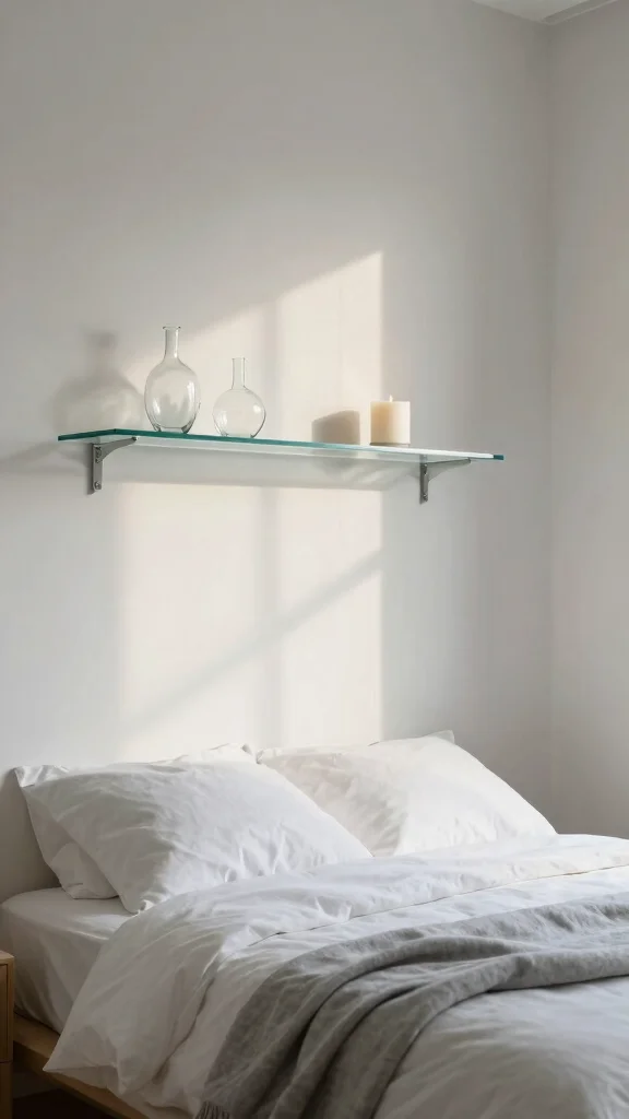 11 Above-Bed Shelf Ideas for a Functional Styled Headboard Wall - 9. Glass Shelves for Airy Illusion 1