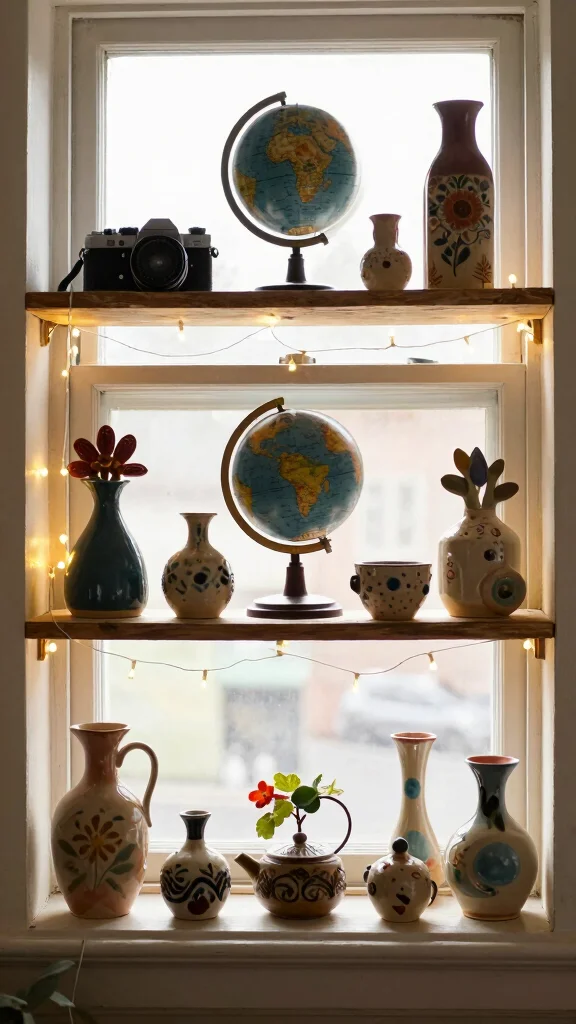 11 Above-Window Shelf Ideas for Books, Plants, and Styled Display - 3. Artistic Display of Curiosities 1