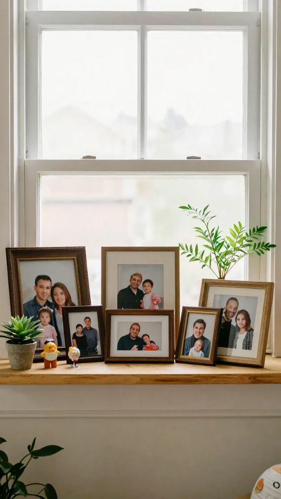 11 Above-Window Shelf Ideas for Books, Plants, and Styled Display - 7. Family Photo Gallery 1