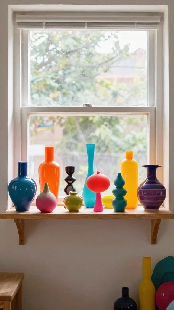 11 Above-Window Shelf Ideas for Books, Plants, and Styled Display - 9. Colorful Display of Decorative Objects 1