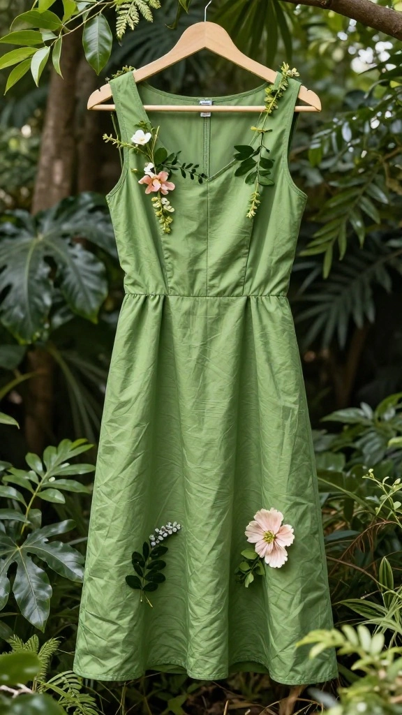 11 Gift Wrapping Ideas for Clothes on Hangers for a Stylish Presentation - 9. Fabric and Foliage Combination 1