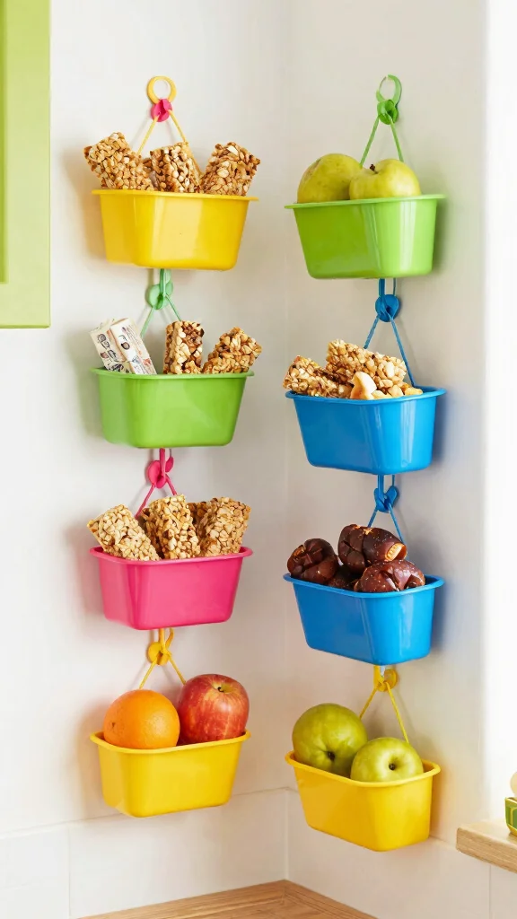 11 Hanging Ceiling Basket Ideas for the Kitchen for a Rustic Display - 10. Kid-Friendly Snack Station 1