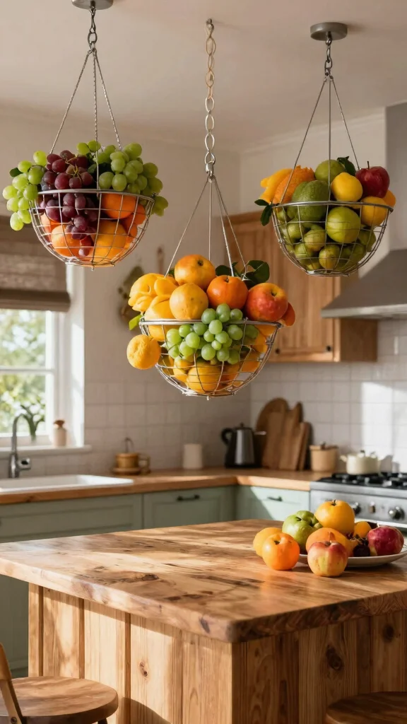 11 Hanging Ceiling Basket Ideas for the Kitchen for a Rustic Display - 2. Fruit Basket Display 1
