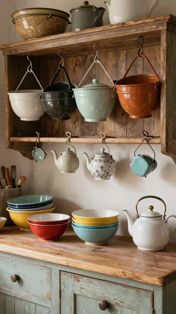 11 Hanging Ceiling Basket Ideas for the Kitchen for a Rustic Display - 3. Vintage Kitchenware Showcase 1