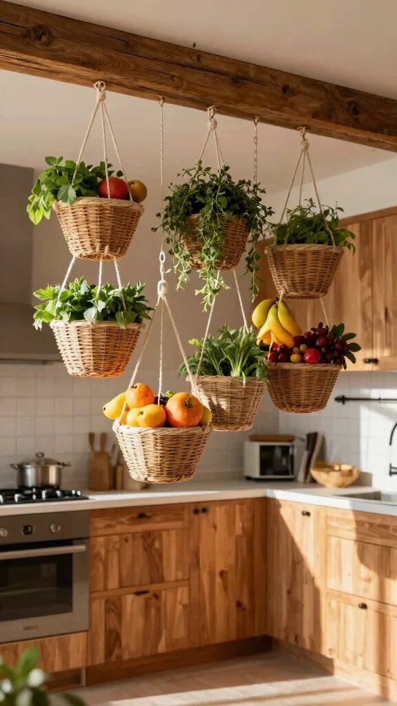 11 Hanging Ceiling Basket Ideas for the Kitchen for a Rustic Display - 5. Multi-Tiered Baskets 1