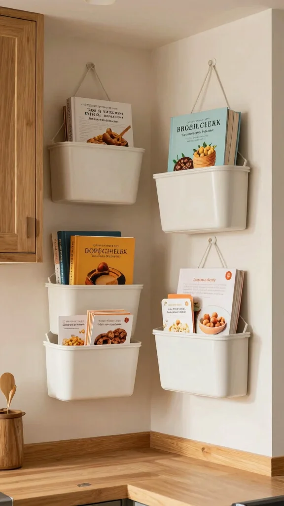 11 Hanging Ceiling Basket Ideas for the Kitchen for a Rustic Display - 8. Stylish Storage for Cookbooks 1