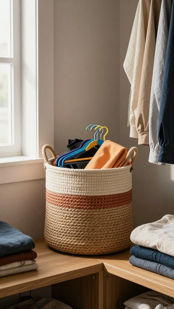 11 Ideas for Storing Extra Clothes Hangers in a Tidy Space Smart Way - 1. Use a Decorative Basket 1