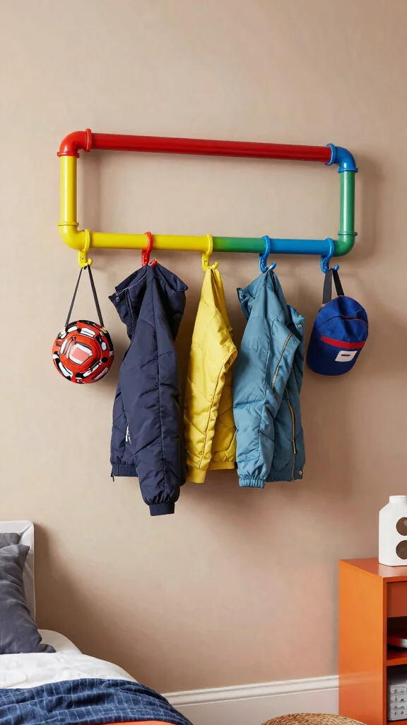 11 Kids Wall Clothes Hanger Ideas for a Fun Organized Bedroom - 10. Colorful Industrial Pipe Hooks 1