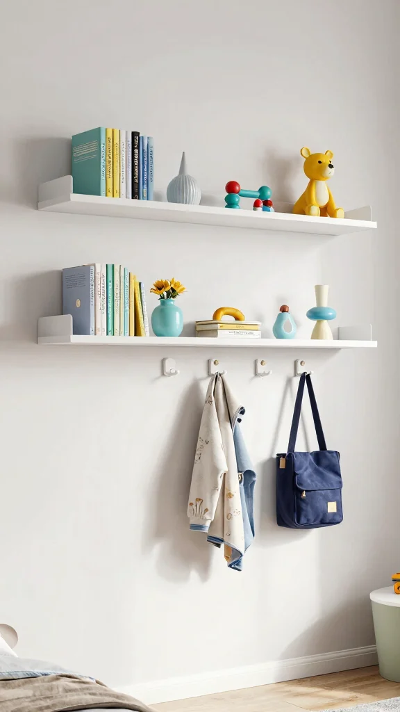 11 Kids Wall Clothes Hanger Ideas for a Fun Organized Bedroom - 7. Floating Shelves with Hooks 1