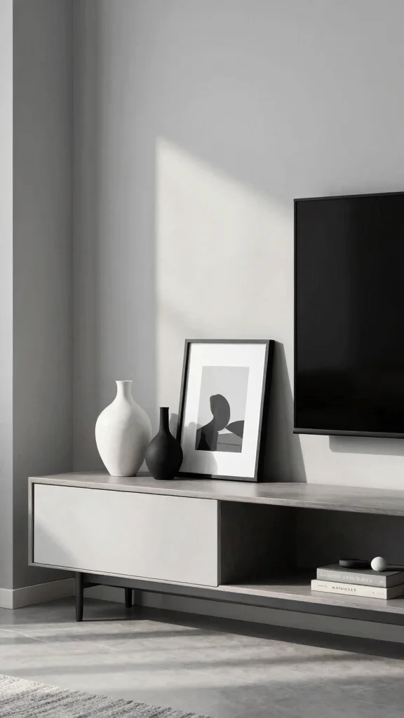 11 Next-to-TV Shelf Ideas for a Balanced Styled Entertainment Wall - 1. Embrace Minimalism with Monochrome Shelving 1
