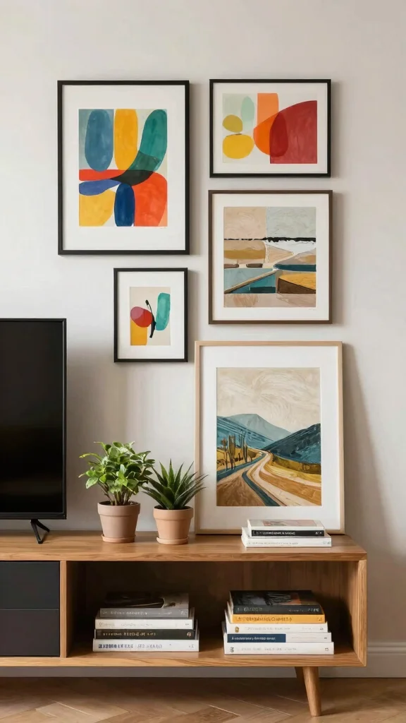 11 Next-to-TV Shelf Ideas for a Balanced Styled Entertainment Wall - 4. Creative Use of Wall Art 1