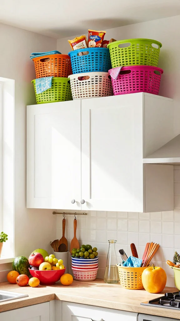 11 On Top of Cabinet Basket Ideas for Extra Vertical Storage - 2. Color Pop: Fun and Vibrant Baskets 1