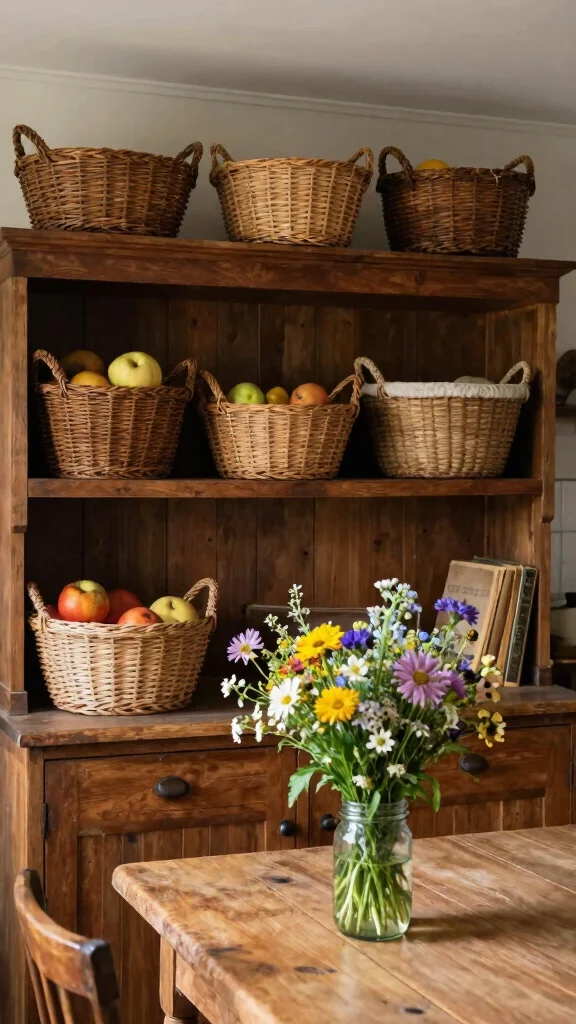 11 On Top of Cabinet Basket Ideas for Extra Vertical Storage - 3. Rustic Charm: Vintage Baskets 1