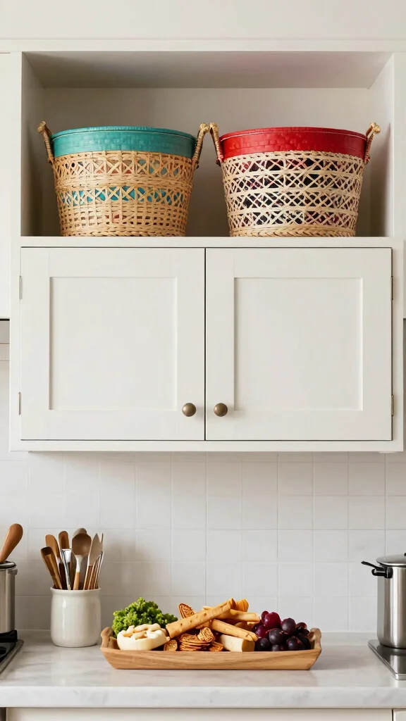 11 On Top of Cabinet Basket Ideas for Extra Vertical Storage - 5. Stylish Dual-Purpose Baskets 1