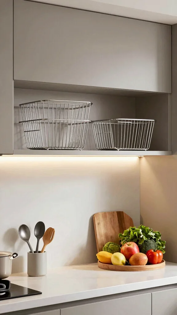 11 On Top of Cabinet Basket Ideas for Extra Vertical Storage - 8. Chic Metallic Baskets for a Modern Touch 1