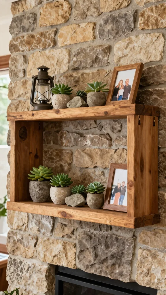 11 Shelf Next to Fireplace Ideas for a Cozy Balanced Living Room - 1. Rustic Wooden Shelf with Natural Elements 1