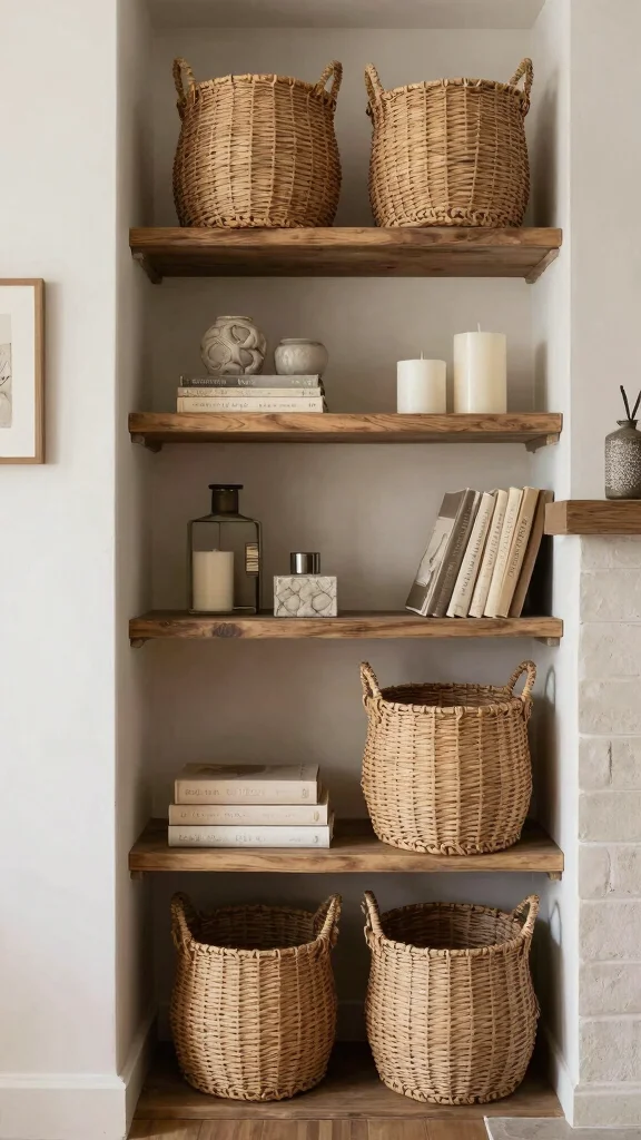 11 Shelf Next to Fireplace Ideas for a Cozy Balanced Living Room - 10. Decorative Baskets for Storage and Style 1