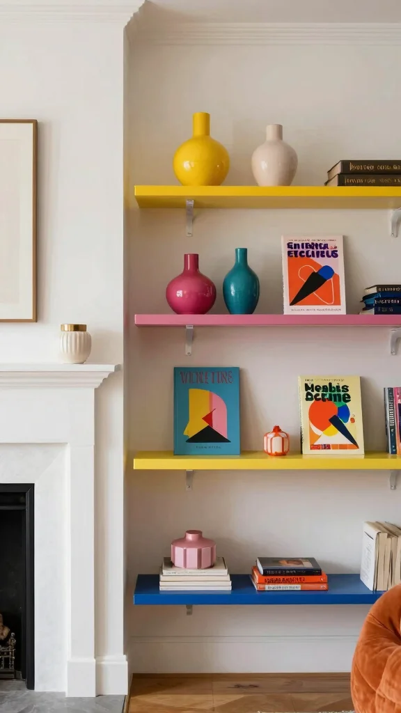 11 Shelf Next to Fireplace Ideas for a Cozy Balanced Living Room - 11. Colorful Accents for a Pop of Fun 1