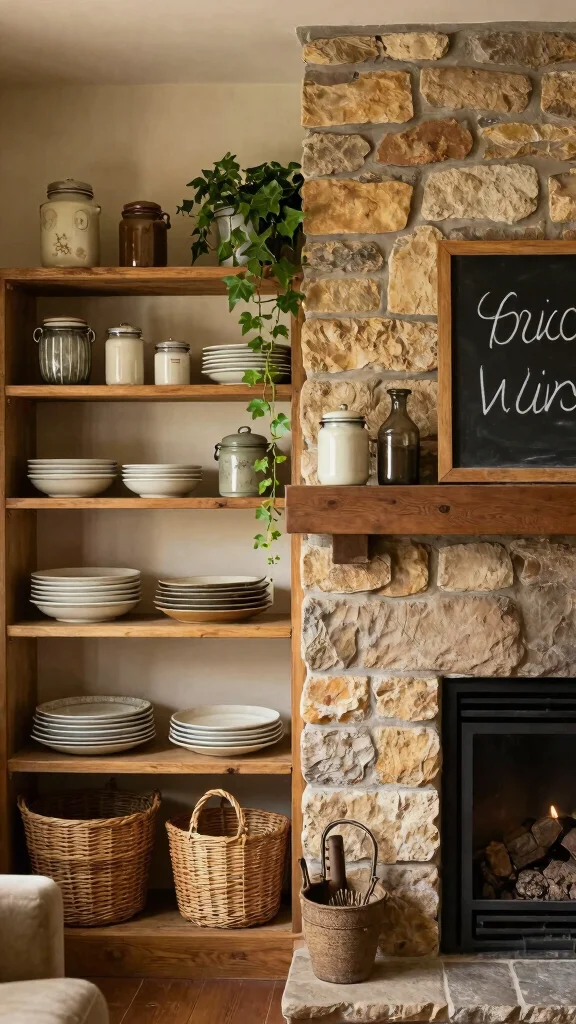 11 Shelf Next to Fireplace Ideas for a Cozy Balanced Living Room - 4. Farmhouse Charm with Open Shelving 1