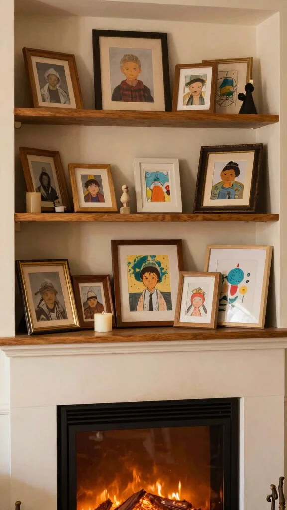 11 Shelf Next to Fireplace Ideas for a Cozy Balanced Living Room - 7. Family Gallery Shelf 1