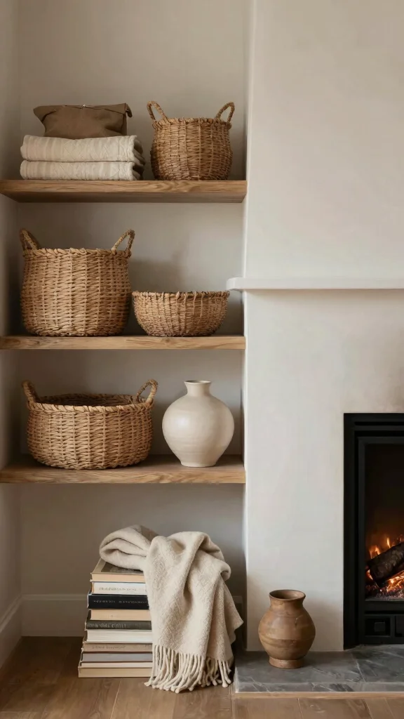 11 Shelf Next to Fireplace Ideas for a Cozy Balanced Living Room - 8. Layered Textures 1