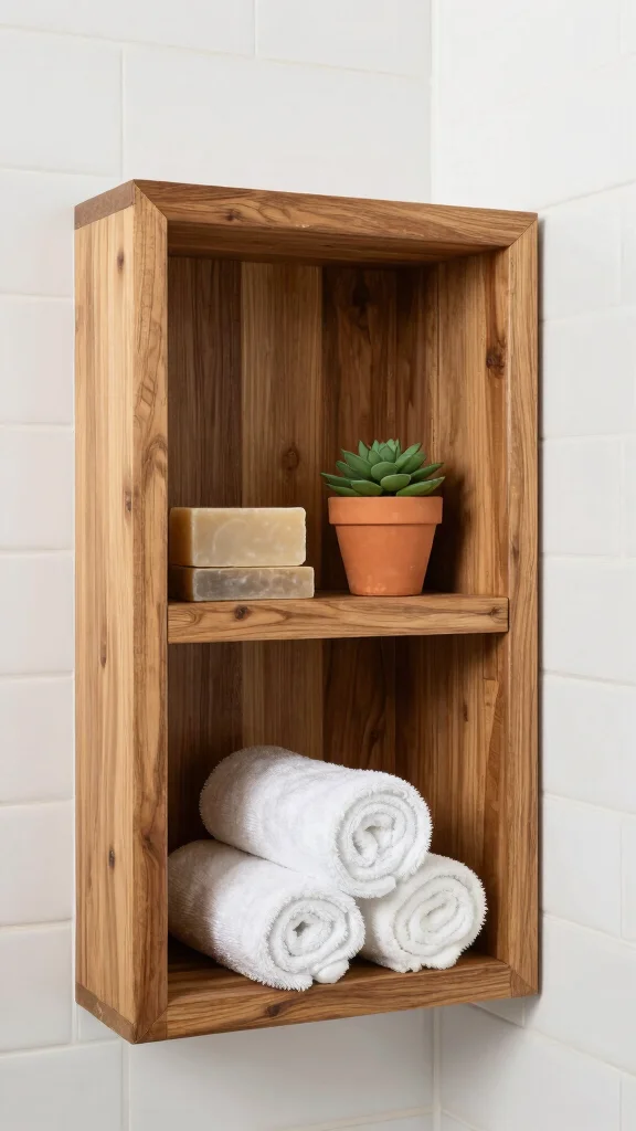 11 Shower Wall Niche Shelf Ideas for a Built-In Waterproof Storage - 2. Rustic Wooden Shelves 1