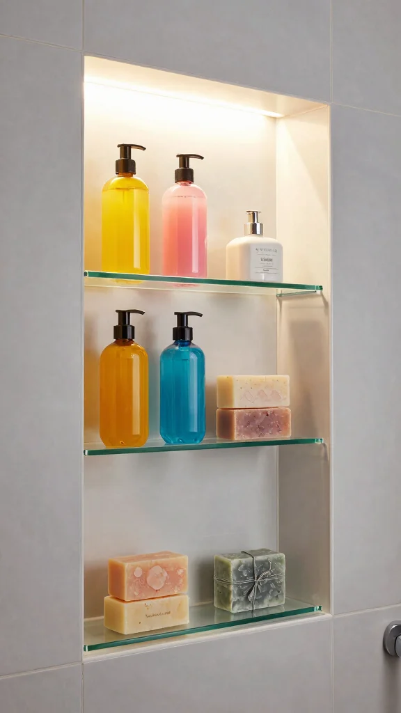 11 Shower Wall Niche Shelf Ideas for a Built-In Waterproof Storage - 3. Sleek Glass Shelving 1
