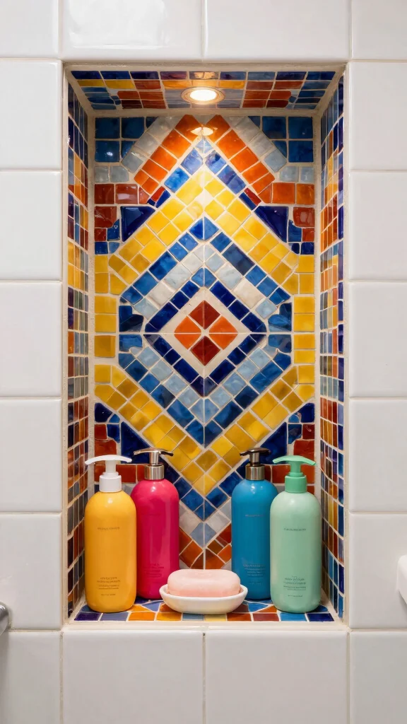 11 Shower Wall Niche Shelf Ideas for a Built-In Waterproof Storage - 4. Bold Colored Tiles 1