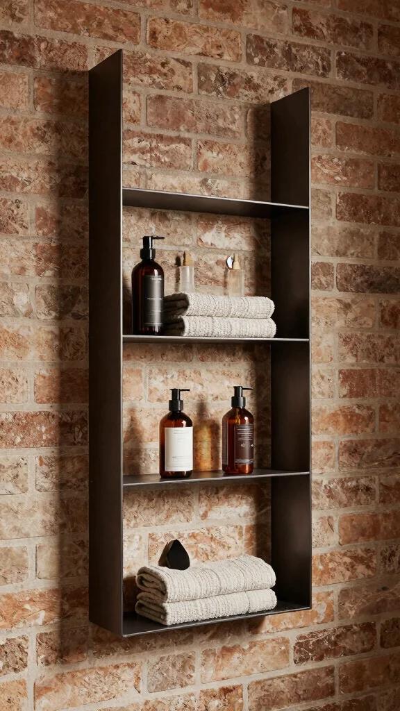 11 Shower Wall Niche Shelf Ideas for a Built-In Waterproof Storage - 6. Industrial-Style Metal Shelving 1