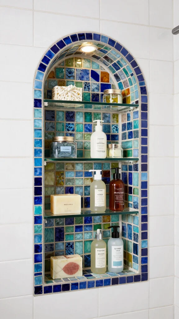 11 Shower Wall Niche Shelf Ideas for a Built-In Waterproof Storage - 7. Decorative Mosaic Glass 1