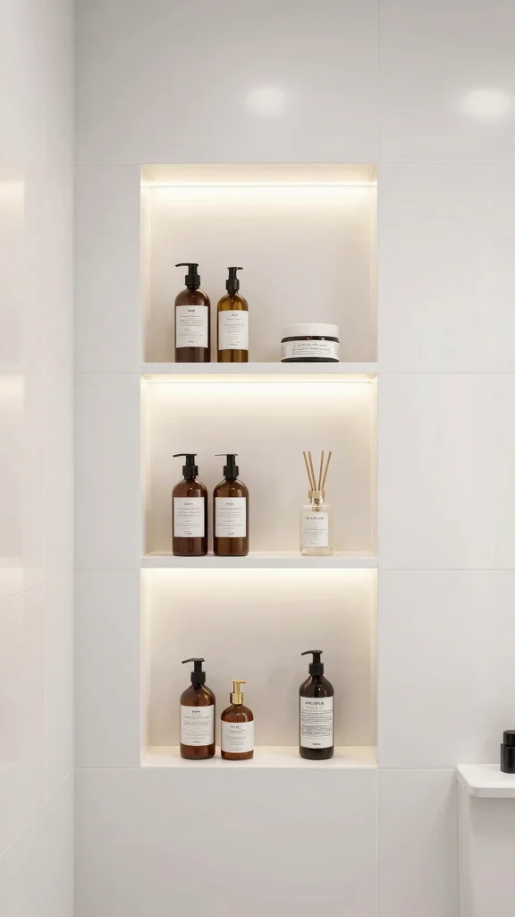 11 Shower Wall Niche Shelf Ideas for a Built-In Waterproof Storage - 8. Floating Shelves with LED Lighting 1