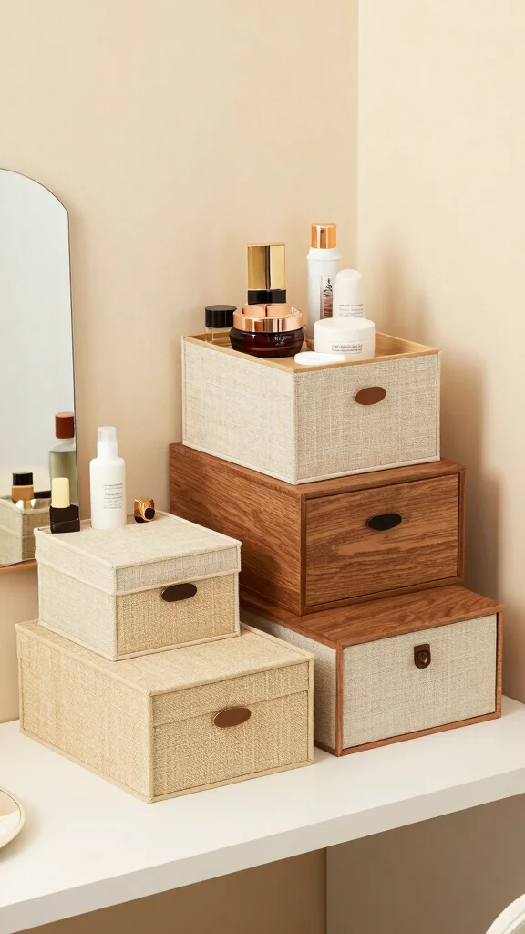 11 Small Space Vanity Shelf Ideas for a Compact Beautiful Setup - 10. Boxed Storage for Tidy Essentials 1