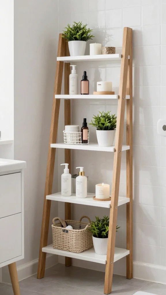 11 Small Space Vanity Shelf Ideas for a Compact Beautiful Setup - 2. Multi-Function Ladder Shelf 1