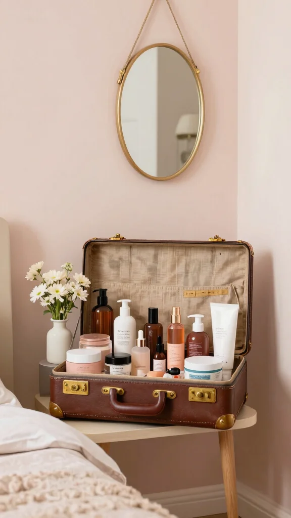11 Small Space Vanity Shelf Ideas for a Compact Beautiful Setup - 3. Vintage Suitcase Shelf 1