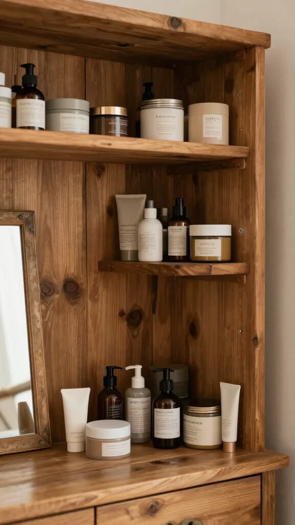 11 Small Space Vanity Shelf Ideas for a Compact Beautiful Setup - 8. Rustic Wooden Shelving 1