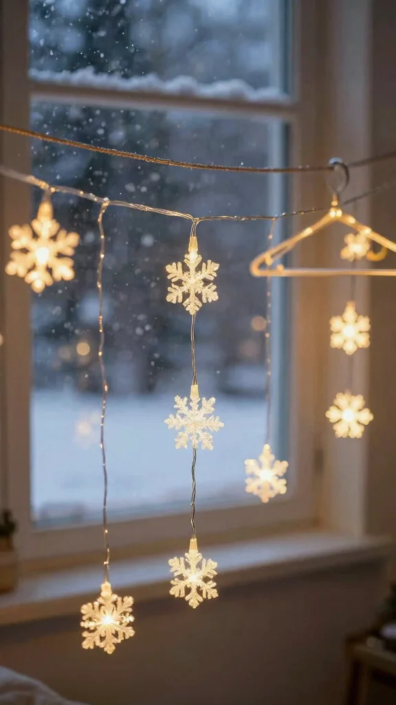 11 Snowflake Craft Ideas Made Out of Clothes Hangers - 11. Snowflake LED String Lights 1