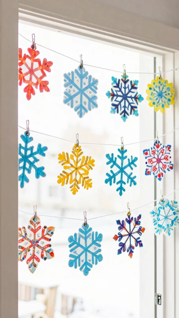 11 Snowflake Craft Ideas Made Out of Clothes Hangers - 4. Colorful Paper Snowflake Hanger 1