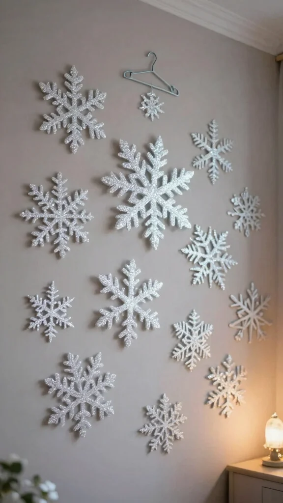11 Snowflake Craft Ideas Made Out of Clothes Hangers - 5. Glittery Snowflake Wall Art 1