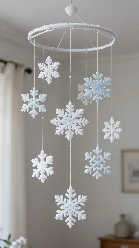 11 Snowflake Craft Ideas Made Out of Clothes Hangers - 7. Snowflake Mobile 1