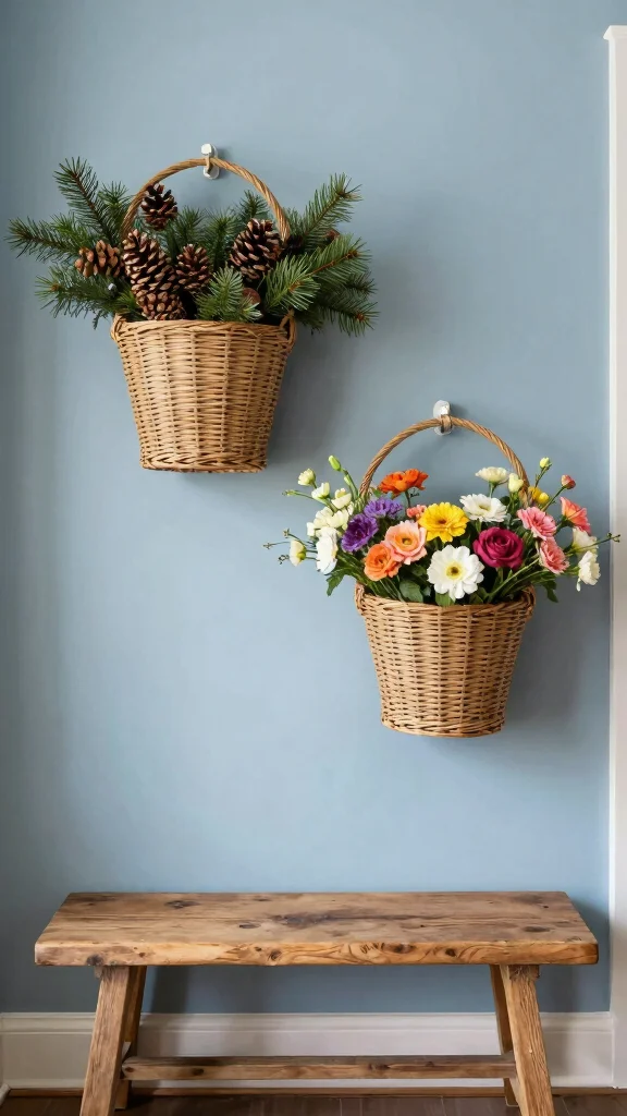 11 Two Basket Wall Display Ideas for a Minimal Balanced Look - 7. Seasonal Themes 1