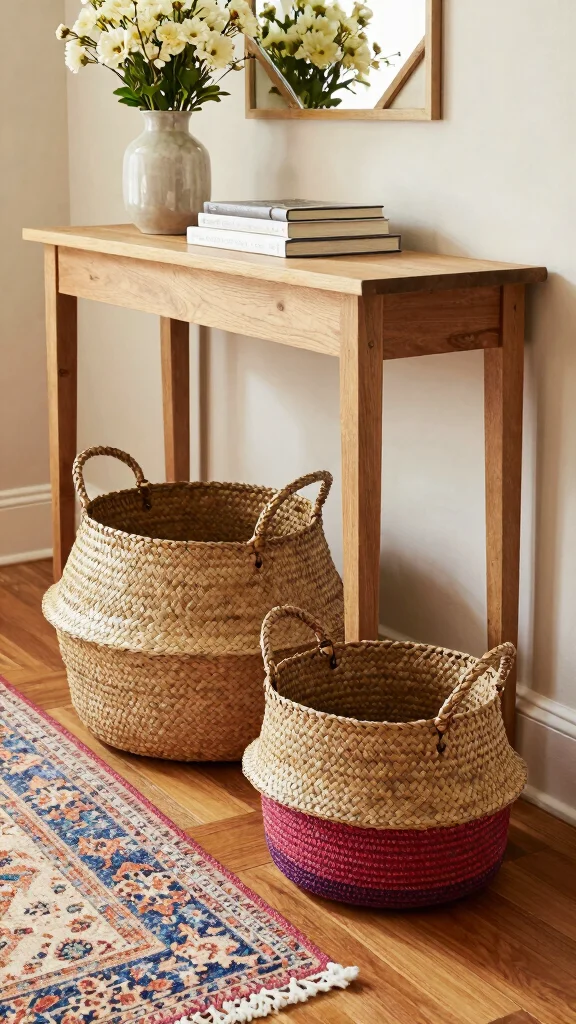 11 Under Entry Table Basket Ideas for a Smart Welcoming Organization - 1. Woven Baskets for Texture 1