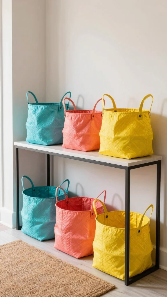 11 Under Entry Table Basket Ideas for a Smart Welcoming Organization - 2. Colorful Storage Baskets 1