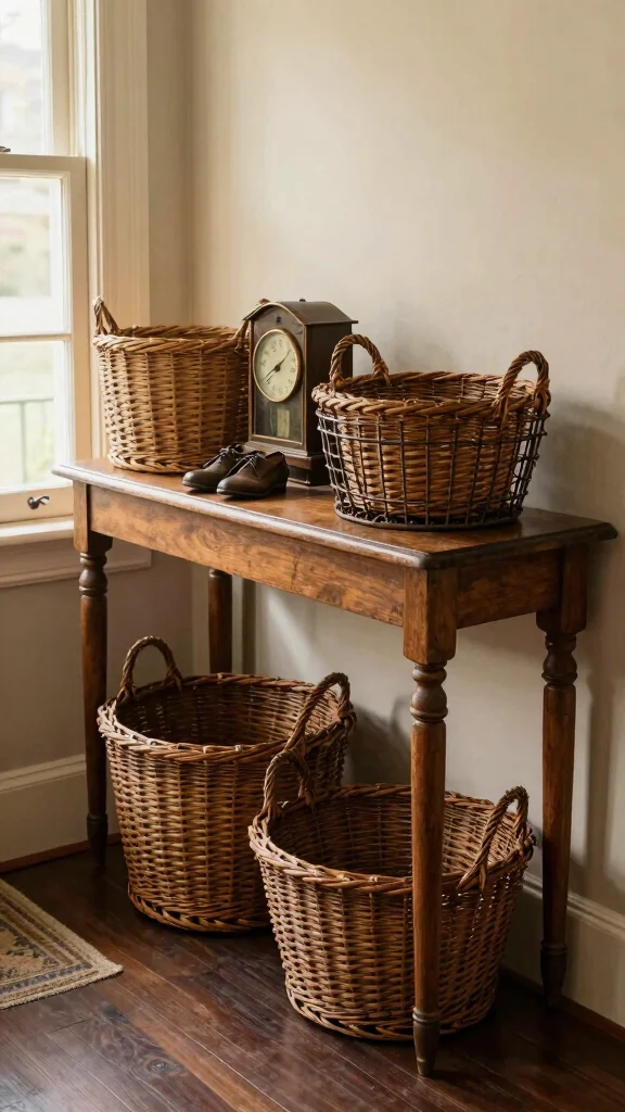 11 Under Entry Table Basket Ideas for a Smart Welcoming Organization - 3. Vintage Finds 1