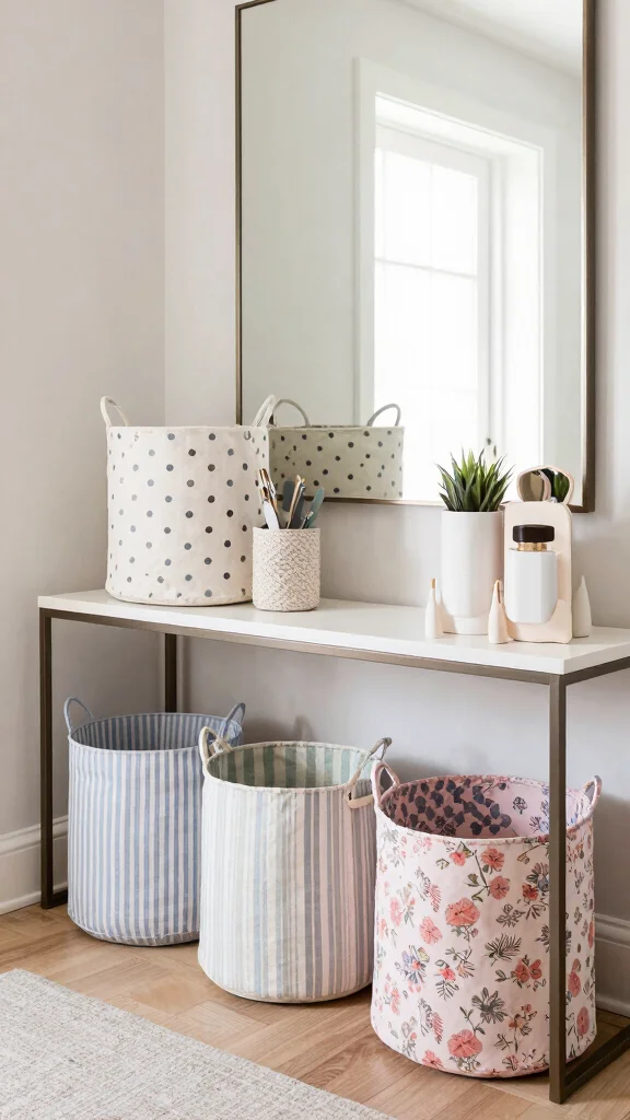 11 Under Entry Table Basket Ideas for a Smart Welcoming Organization - 4. Stylish Fabric Baskets 1
