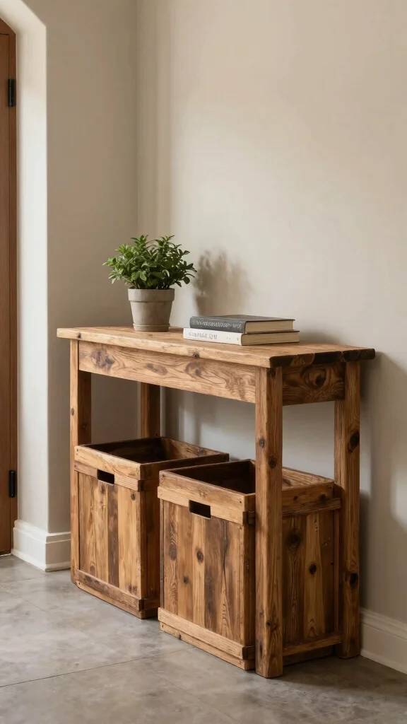 11 Under Entry Table Basket Ideas for a Smart Welcoming Organization - 5. Rustic Wooden Bins 1